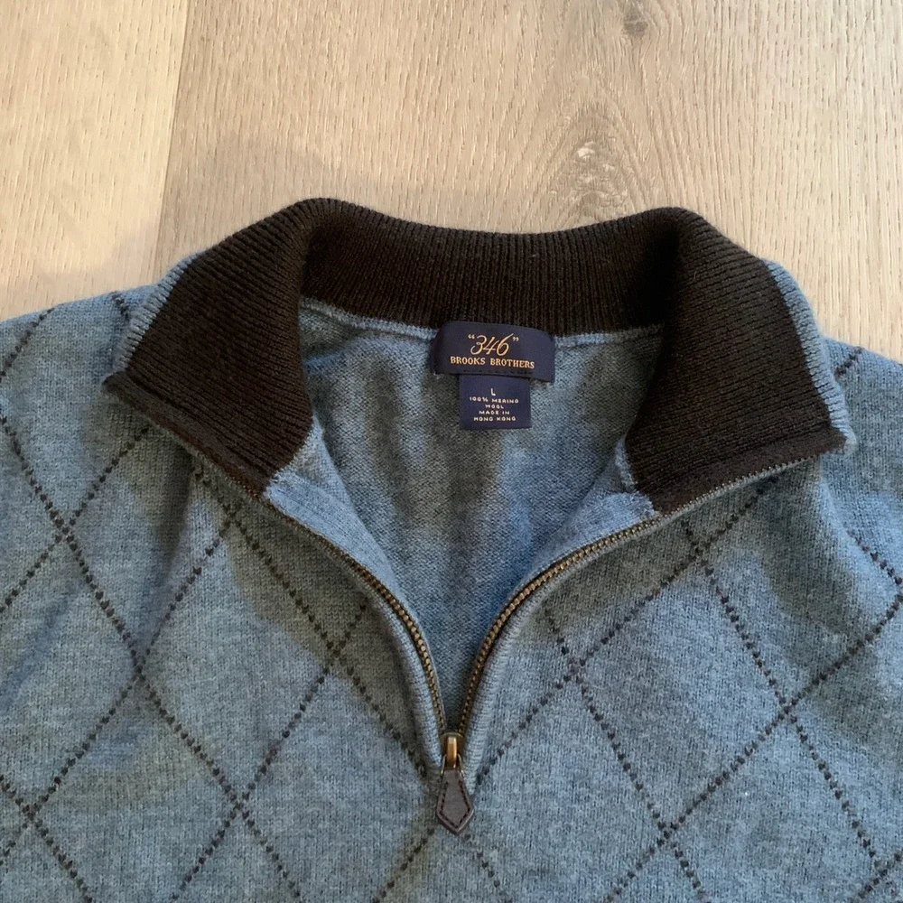 Brooks Brothers 346 Mens Large Merino Wool Argyle Quarter Zip Sweater Blue Brown